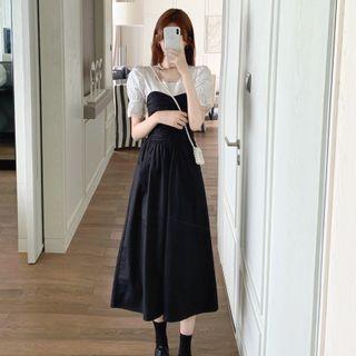 Short-sleeve Lace Trim Top / Strapless A-line Midi Dress