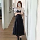 Short-sleeve Lace Trim Top / Strapless A-line Midi Dress