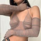 Set: Mesh Cropped Halter Top + Ruched Mesh Gloves