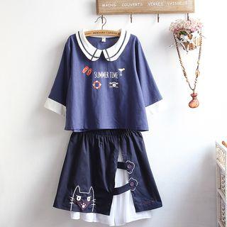 Set: Elbow-sleeve Printed Top + A-line Mini Skirt