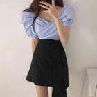 V-neck Short-sleeve Crop Top / High Waist A-line Skirt