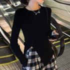 Long-sleeve Slit T-shirt / Plaid Wide-leg Pants