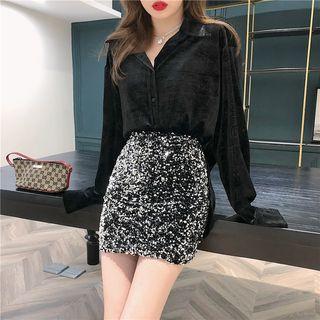 Velvet Long-sleeve Loose-fit Shirt / Glittered Skirt