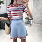 Set: Striped Short-sleeve Knit Top + A-line Skirt