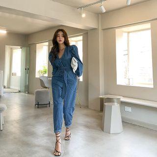 V-neck Belted Denim Jumpsuit Dark Blue - One Size