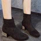 Faux Suede Rhinestone Block Heel Back-zip Ankle Boots