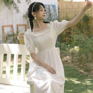 Puff-sleeve Eyelet Trim Midi A-line Dress