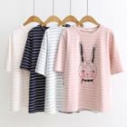Elbow-sleeve Striped Rabbit Print T-shirt