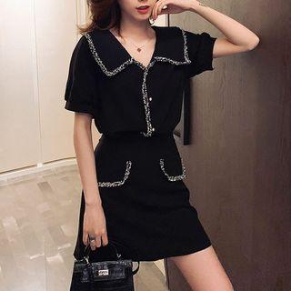 Short-sleeve Crochet Trim Polo Shirt + Crochet Trim A-line Skirt