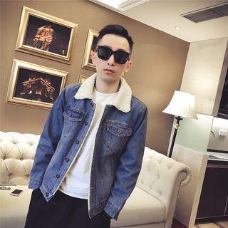 Fleece-lined Washed Denim Button Jacket