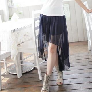 Elastic-waist Chiffon Dovetail Skirt Dark Blue - One Size