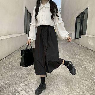 Ruffled Pintuck Blouse / Midi A-line Skirt