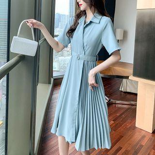 Short Sleeve Asymmetrical Pleated Shirtdress