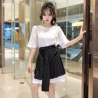 Set: Crew-neck Short-sleeve T-shirt Dress + Mini A-line Skirt