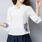 Frog-button Embroidered 3/4 Sleeve Top