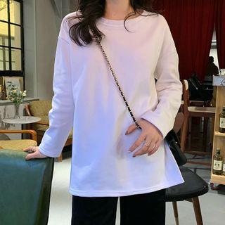 Long-sleeve Round-neck Plain Top White - One Size
