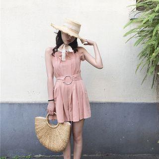 Round Buckle Pleated Sleeveless Playsuit