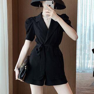 Puff-sleeve Tie-waist Blazer / High-waist Wide-leg Shorts