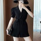 Puff-sleeve Tie-waist Blazer / High-waist Wide-leg Shorts