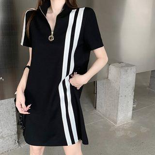 Short-sleeve Striped Half-zip A-line Dress