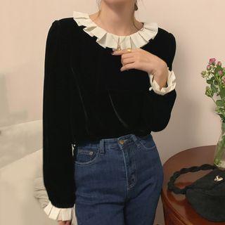 Long-sleeve Frill Trim Velour Blouse Black - One Size