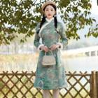 Long-sleeve Print A-line Qipao Dress