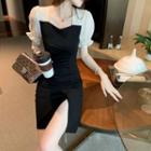 Puff-sleeve Two-tone Split Dress