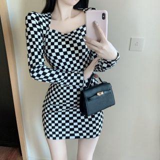 Long-sleeve Checkerboard Mini Dress Black & White - One Size