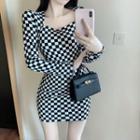 Long-sleeve Checkerboard Mini Dress Black & White - One Size