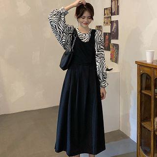 Round Neck Zebra Print Blouse / Plain Midi Overall Dress