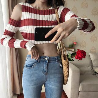 Striped Off-shoulder Slim-fit Long-sleeve Cropped Knit Top