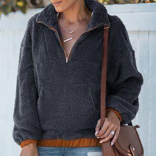 Long-sleeve Pocketed Half-zip Fluffy Sweatshirt
