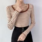 Long-sleeve Striped Scoop-neck Knit Top