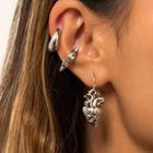 Set: Heart Drop Earring + Hoop Earring + Ear Cuff Set Of 3 - Silver - One Size