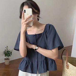 Short-sleeve Square-neck Plain Ruched Blouse