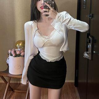 Set: Lace Trim Cropped Camisole Top + Cardigan