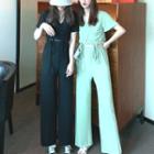 Set: Drawstring Short-sleeve T-shirt + High Waist Wide-leg Pants