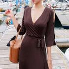 Slit-sleeve Wrap-front Long Dress With Sash