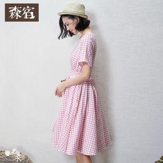 Short-sleeve Cutout-back Check Dress