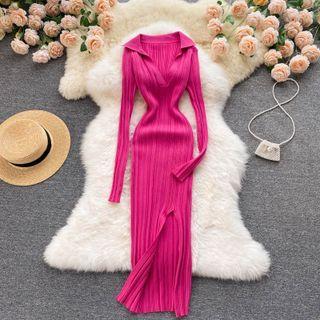 V-neck Slit Knit Long-sleeve Dress