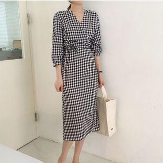 Plaid 3/4-sleeve Sheath Wrap Dress