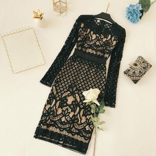 Long-sleeve Sheath Lace Cocktail Dress