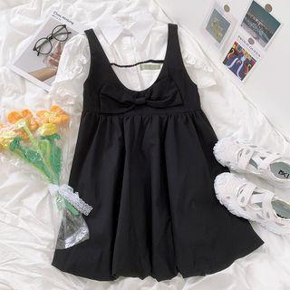 Short-sleeve Ruffle Trim Blouse / Bow Plain A-line Pinafore Dress