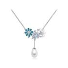 Elegant And Fashion Geometric Flower Imitation Pearl Tassel Necklace With Green Cubic Zirconia Silver - One Size