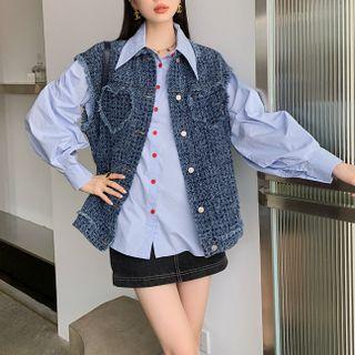 Heart Print Tweed Denim Vest
