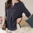 3/4-sleeve Buttoned Striped Top