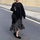 Long-sleeve Dotted Panel A-line Midi Mermaid Dress Black - One Size