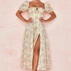 Puff-sleeve Floral Slit A-line Midi Dress