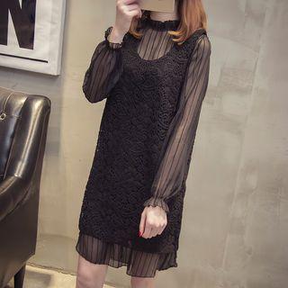 Set: Mesh Long-sleeve Dress + Lace Pinafore Dress