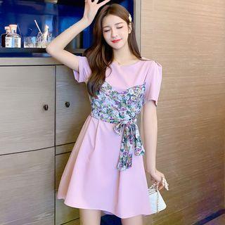 Floral Print Panel Short-sleeve Mini A-line Dress